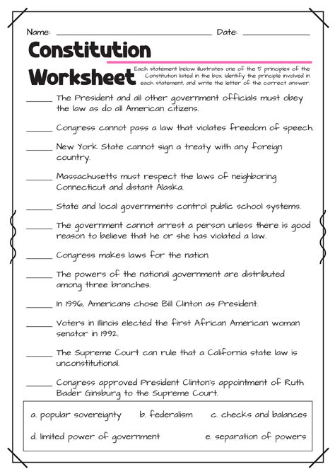 the us constitution worksheet answers
